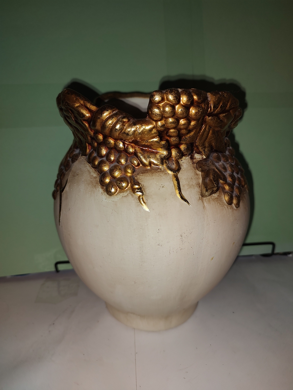 Ornate Cream Ceramic Vase with Gold Grape Detail